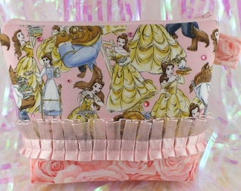 Beauty and the Beast books makeup bag floral ruffle rhinestoned
