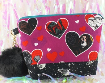 Hearts Star Wars fuchsia black galaxy makeup bag pompom