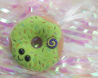 Doughnut Plush Ornament - Lime Green Rainbow Sprinkles