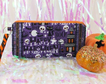 Haunted House Skulls Pencil case makeup bag - black purple ruffle glitter