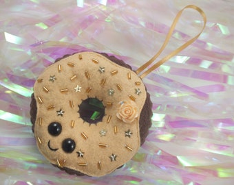 Chocolate Doughnut Plush Ornament - Tan Gold Sprinkles Stars