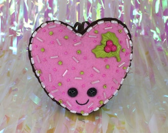 Heart Cookie Plush Ornament - Pink & Green Holly