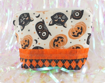 Makeup Bag Small - Cats, Owls, Jack O Lantern Faces