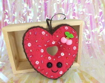 Chocolate Heart Doughnut Plush Ornament - Hot Pink Cherry