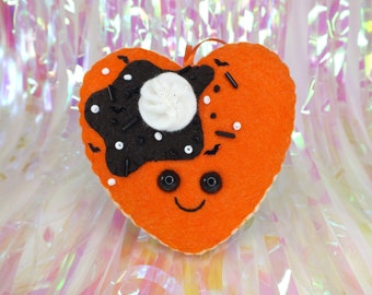 Heart Pancake Plush Ornament - Halloween Orange & Black