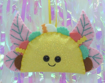 Glitter Taco Fairy Plush Ornament - Light Pink & Teal wings