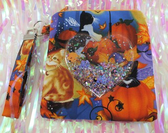 Vinyl Glitter Window Wristlet Bag - Witch Kittens with Heart Shaped Window
