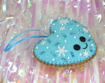 Heart Cookie Plush Ornament - Blue & White Snowflakes