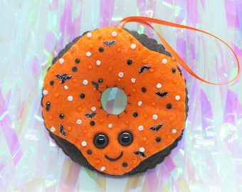 Chocolate Doughnut Plush Ornament - Orange Halloween Bats