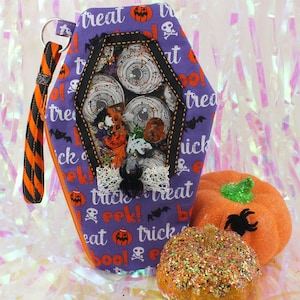 EEK! BOO! Trick or Treat Coffin bag pouch - purple orange