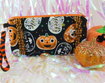 Day of the Dead Jack o Lanterns Pencil case makeup bag - black orange pumpkins