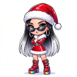 May include: Cartoon illustration of a girl in a Santa hat and red outfit, wearing sunglasses and boots with rainbow soles. The character has long black and white hair and is posed with arms crossed.