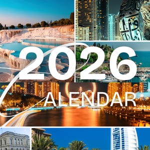 May include: A 2026 calendar with a collage of images, including natural landscapes and cityscapes. The word "CALENDAR" is written in white script. The images include natural formations, city skylines, and coastal views, under a blue sky.