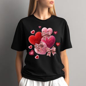 May include: Black t-shirt with a design of fluffy hearts in red and pink, decorated with patterned bows. The design includes smaller heart accents. A casual, everyday tee.