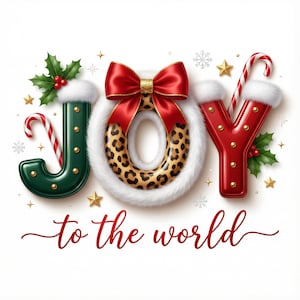 Może przedstawiać: Świąteczny projekt bożonarodzeniowy z napisem "JOY" z elementami dekoracyjnymi. Litera "J" jest zielona z ostrokrzewem i laską cukrową, "O" to wieniec w panterkę z czerwoną kokardą, a "Y" jest czerwone z laską cukrową. Poniżej napisano "to the world".