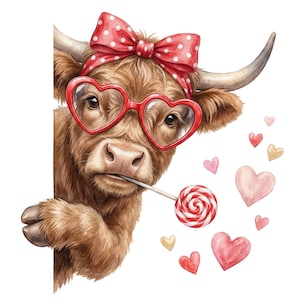 May include: A watercolour illustration of a Highland cow with brown fur, wearing red heart-shaped glasses and a polka dot bow. The cow holds a red and white swirled lollipop. Pink and gold hearts float nearby.