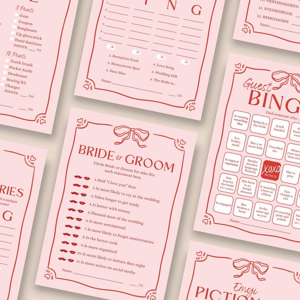 Pode incluir: Cartões de jogos rosa para chá de panela com várias atividades, incluindo Scattergories, Bingo e Pictionary. Cada cartão apresenta laços e corações decorativos, perfeitos para uma celebração de casamento.