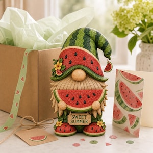 Puede incluir: Una figura decorativa de gnomo con un sombrero y traje con temática de sandía, sosteniendo una rebanada de sandía. El gnomo tiene una barba color canela, una nariz redonda y un pequeño letrero que cuelga de sus manos con el texto SWEET SUMMER.