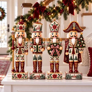 May include: Four decorative nutcracker figurines standing in a row on a white surface. Each figure features intricate red, green, and gold holiday-themed patterns, including poinsettias, pine trees, and winter village scenes on their rectangular bases.