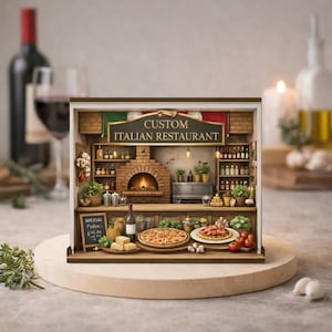 May include: A detailed miniature Italian restaurant diorama featuring a brick oven, shelves of bottles, and a pizza. The sign reads "CUSTOM ITALIAN RESTAURANT". A small chalkboard displays "SPECIAL Pasta & More".