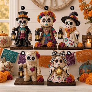 May include: Five Day of the Dead themed figurines numbered one through five, each featuring a skull face with colorful floral patterns. The figures include a gentleman in a top hat, a woman with a floral crown, a witch, a mummy, and a ghost with a bow.