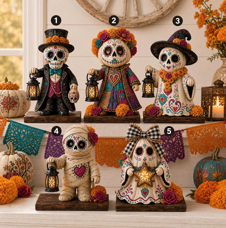 May include: Five Day of the Dead themed figurines numbered one through five, each featuring a skull face with colorful floral patterns. The figures include a gentleman in a top hat, a woman with a floral crown, a witch, a mummy, and a ghost with a bow.