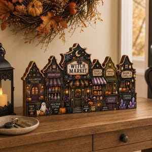 2D Witch Market Wooden Block, Halloween Village Tabletop Decor, Gothic Potion Shop Pumpkin Patch Spooky Shelf Sitter