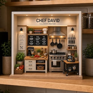 May include: A miniature kitchen diorama labelled CHEF DAVID CULINARY MASTER featuring a stove, oven, hanging pots, pans, and utensils. The scene includes a wooden countertop, a black stand mixer, shelves with books, spices, and small potted plants.