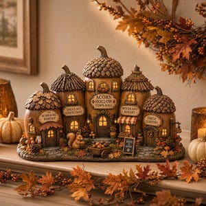 May include: A decorative tabletop village display shaped like acorn-topped buildings. Features include The Acorn & Owl Bookshop, Spiced Nut Confections, Acorn Hollow Town Hall, Woodland Bakery, and Forest Floristry. The structure is illuminated from within.