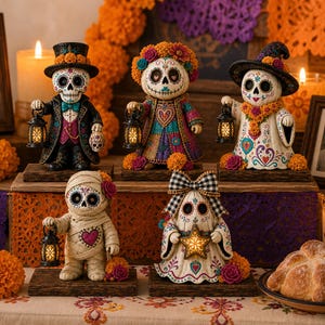 May include: Five decorative figurines featuring skull-faced characters in various costumes, including a tuxedo, a floral dress, a witch outfit, mummy wrappings, and a ghost with a bow, each holding a small, illuminated lantern or star light.