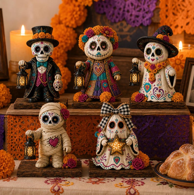 May include: Five decorative figurines featuring skull-faced characters in various costumes, including a tuxedo, a floral dress, a witch outfit, mummy wrappings, and a ghost with a bow, each holding a small, illuminated lantern or star light.