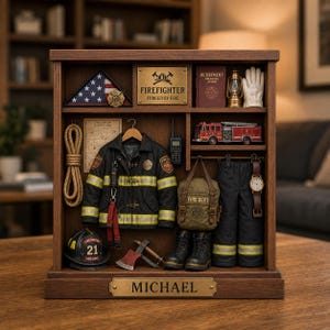 Puede incluir: Una vitrina de madera con recuerdos de bombero que incluye una bandera estadounidense plegada, una placa de latón con la inscripción FIREFIGHTER FORGED BY FIRE, un camión de bomberos en miniatura, una chaqueta negra, pantalones, botas, un casco con el número 21 y una placa con el nombre MICHAEL.