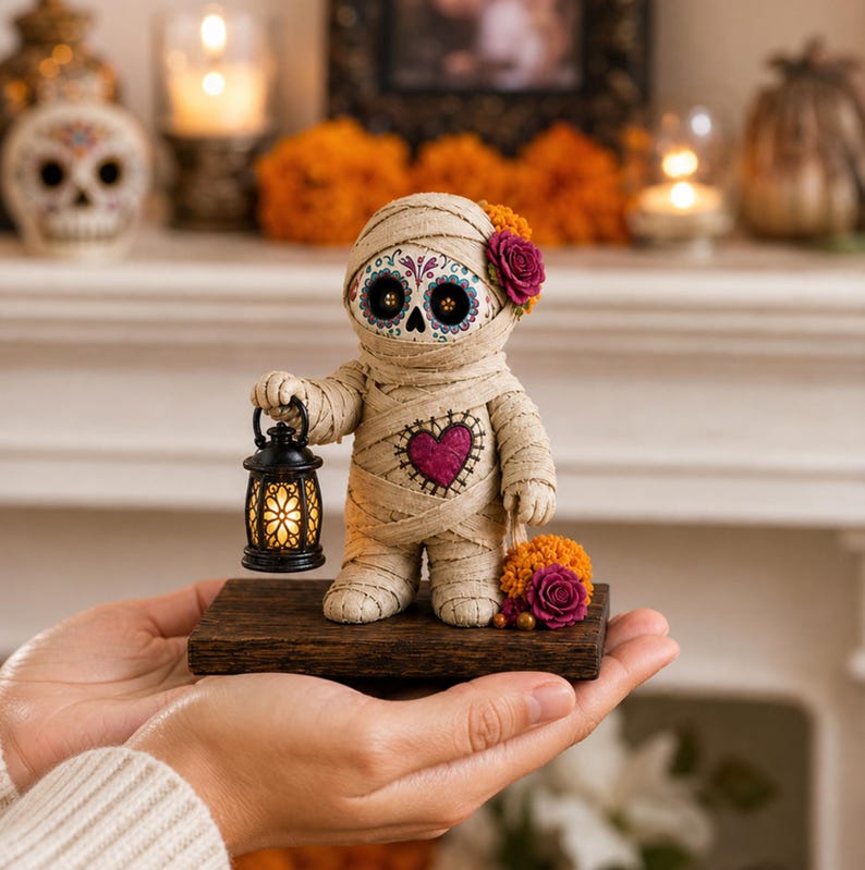 May include: A mummy figurine wrapped in beige bandages with a sugar skull face featuring blue and red floral patterns. The figure holds a small black lantern with a glowing light and has a purple heart on its chest, adorned with orange and purple flowers.