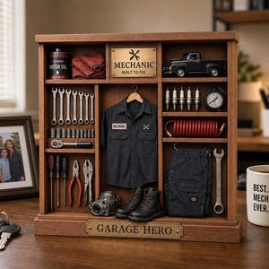 May include: A wooden display shelf featuring miniature mechanic tools, a black shirt, pants, boots, a toy truck, and a motor oil can. A brass plaque reads MECHANIC BUILT TO FIX and another reads GARAGE HERO. The shelf contains wrenches, screwdrivers, spark plugs, and a coiled hose.
