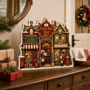 2D-Holzblock „Nordpol-Post“, Weihnachtsdekoration „Postamt-Dorf“, Nussknacker-Weihnachts-Regalfigur