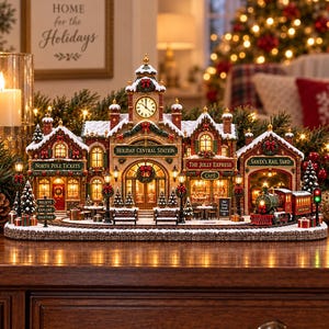 May include: A miniature Holiday Central Station village display featuring a clock tower, North Pole Tickets office, The Jolly Express cafe, and Santa's Rail Yard with a train. The structure is decorated with wreaths, snow, and warm interior lighting.