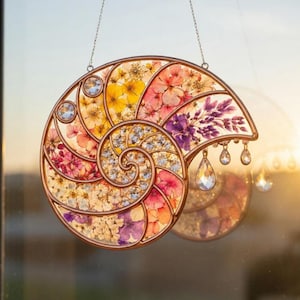 May include: A decorative, stained-glass nautilus shell suncatcher. The shell is filled with colorful dried flowers and crystals. The shell is framed in copper and hangs from a chain. The suncatcher has a spiral design and teardrop-shaped crystal pendants.