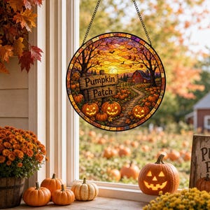 Atrapasueños de vidrieras con diseño de huerto de calabazas, adorno para ventana de granja otoñal, decoración de Halloween con temática de cosecha de otoño y calabazas de Halloween.