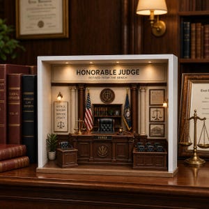 May include: A miniature diorama of a courtroom featuring a wooden judge's desk, a black chair, a gavel, and two flags. The back wall displays the text HONORABLE JUDGE RETIRED FROM THE BENCH, along with framed legal symbols and a small bookshelf.