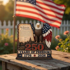 Puede incluir: Una estatua patriótica con un águila calva con alas rojas, blancas y azules. El águila se encuentra frente a una réplica de la Declaración de Independencia. La base dice "250 YEARS OF FREEDOM 1776 2026."