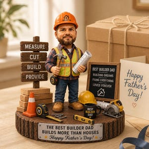 Puede incluir: Una figura bobblehead personalizada de un constructor con casco naranja, camisa de cuadros y chaleco de seguridad. La figura sostiene un martillo y planos, sobre una base de madera con el texto THE BEST BUILDER DAD BUILDS MORE THAN HOUSES.