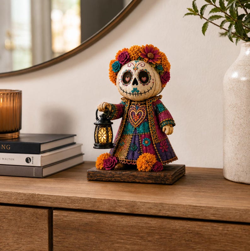 May include: A decorative figurine of a skull-faced character with a floral crown, wearing a purple and teal patterned dress with a heart motif. The figure holds a small black lantern with a glowing light and stands on a rectangular wooden base.