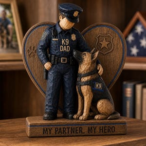 May include: A wooden sculpture of a police officer and a German Shepherd dog. The officer wears a blue uniform with "K9 DAD" on the chest. The dog wears a vest with "K9". The sculpture is set against a heart-shaped wooden backdrop, with the text "MY PARTNER, MY HERO".