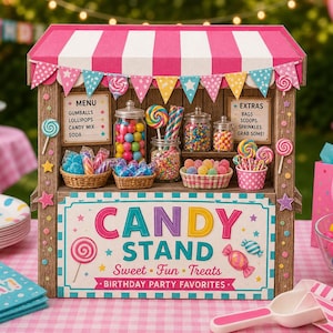 Puede incluir: Un puesto de dulces en miniatura de madera con un techo de rayas rosas y blancas y banderines coloridos. El panel frontal muestra el texto CANDY STAND, SWEET FUN TREATS y BIRTHDAY PARTY FAVORITES. Está lleno de frascos y cestas con dulces variados.