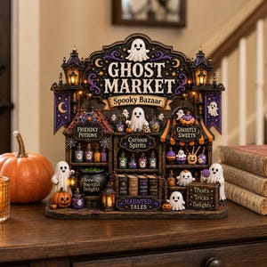 May include: A decorative Ghost Market Spooky Bazaar tabletop display featuring miniature shops, including Friendly Potions, Curious Spirits, and Ghostly Sweets. The structure is adorned with ghost figures, pumpkins, lanterns, and books labelled Haunted Tales.