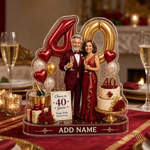 Personalized 40th Anniversary 2D Acrylic Block, Custom Couple Portrait and Names, Ruby Wedding Gift for Parents, Romantic Keepsake
