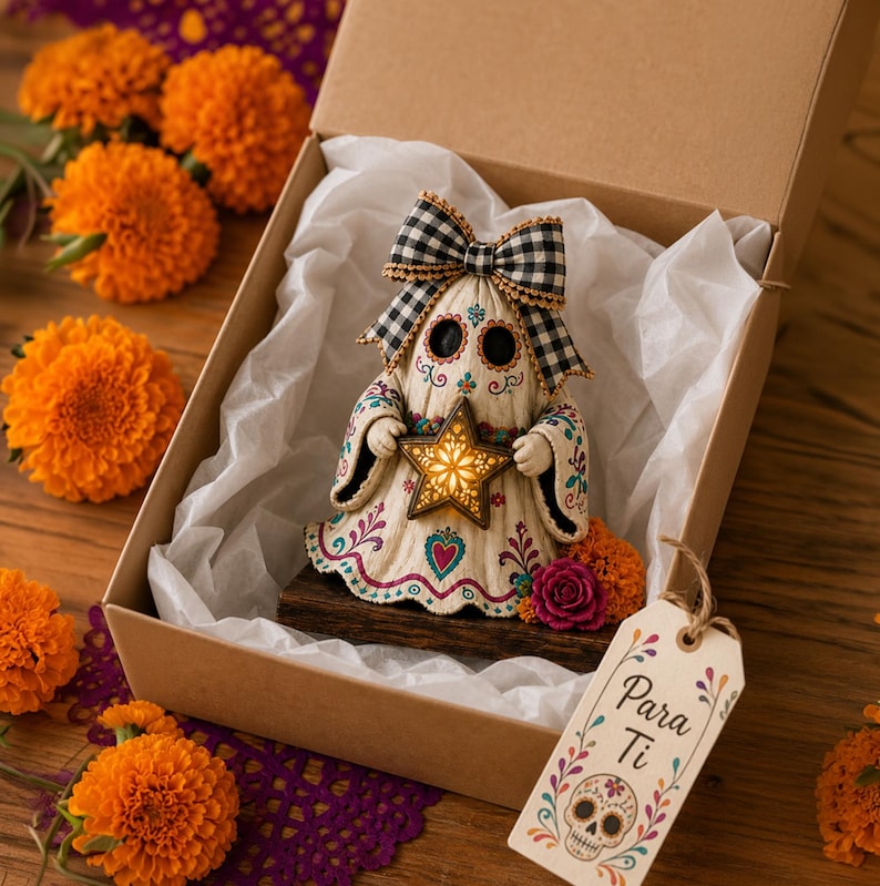 May include: A cream-colored ghost figurine with colorful floral patterns, a black and white checkered bow, and a glowing star in its hands. It sits in a cardboard box with white tissue paper and a tag that reads Para Ti with a skull illustration.