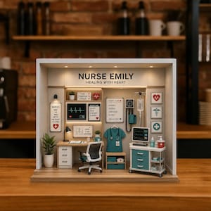 Peut inclure: Un diorama miniature de poste d'infirmière avec bureau, chaise, chariot médical et blouse. Le mur affiche le texte NURSE EMILY HEALING WITH HEART, ainsi que des graphiques médicaux, des icônes de cœur et des notes dans un cadre blanc.
