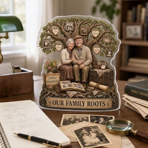 Könnte beinhalten: Eine dekorative Tischskulptur, die ein älteres Paar zeigt, das unter einem Baum mit hängenden Bilderrahmen sitzt. Der Sockel trägt die Inschrift "OUR FAMILY ROOTS" und "FAMILY MEMORIES", ergänzt durch ein offenes Miniaturbuch und eine Truhe.