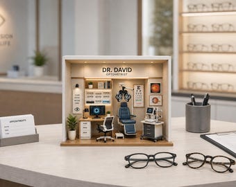 May include: A miniature diorama of an optometrist office labeled DR. DAVID OPTOMETRIST, featuring a blue exam chair, a phoropter, a desk with a computer, shelves of glasses, an eye chart, and wall art, all illuminated by integrated warm lighting.
